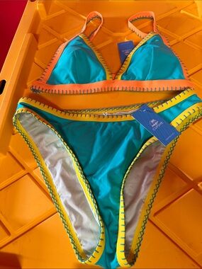 Cupshe Teal Bikini with Orange & Yellow Trim
